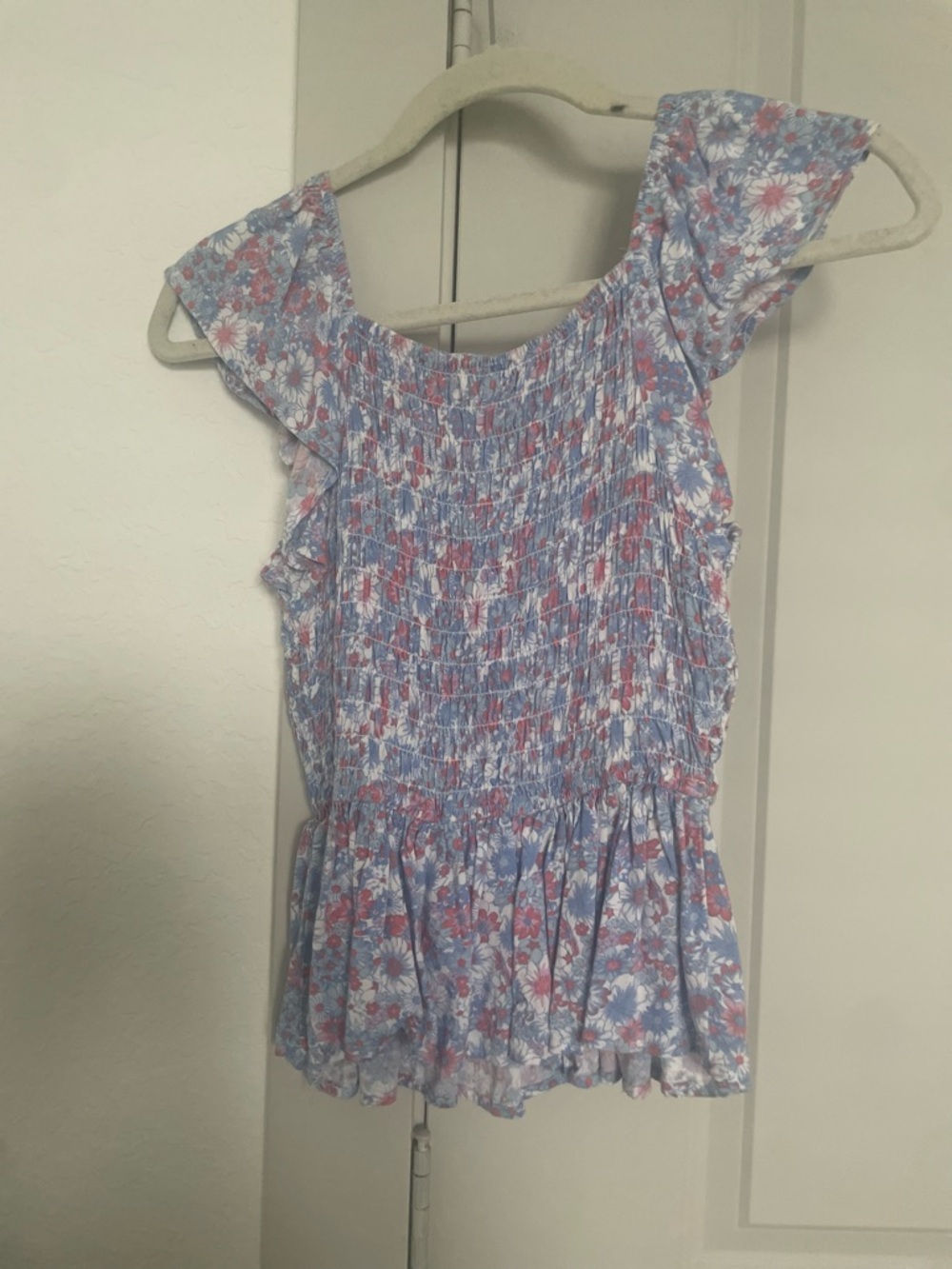 Smocked Floral Ruffle Sleeve Top in Light Blue and Pink - Picture 3 of 3